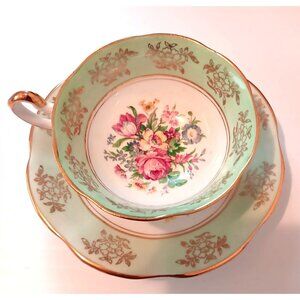 Regency Floral Tea Cup & Saucer Set Mint Green Pink Roses Bone China England